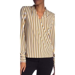 Adrianna Papell Yellow/White stripe Long Sleeve Blouse Faux Wrap V-neck